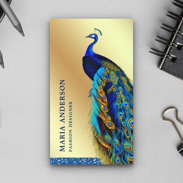 Elegante Chic Gold Foil Blue Indian Peacock Visitenkarte (Von Creator hochgeladen)