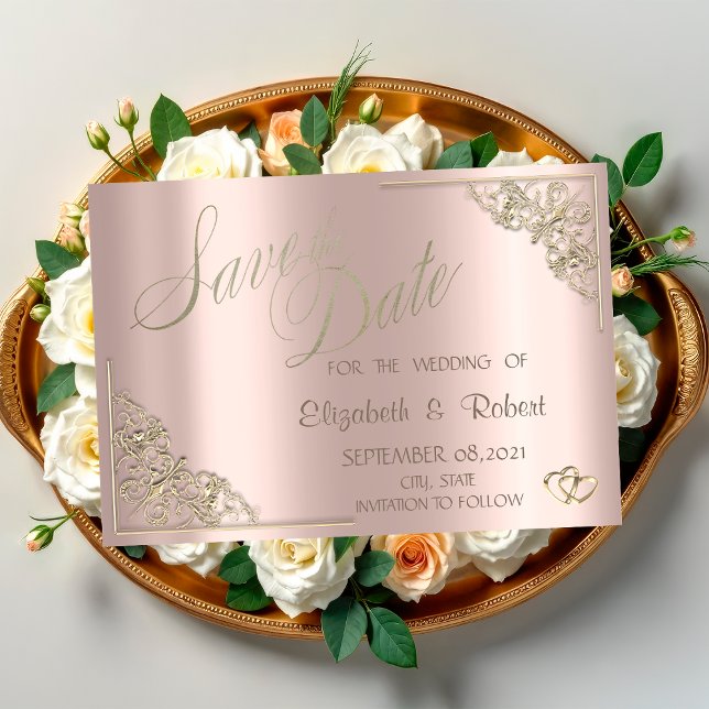 Elegante Chic Gold Hearts, Frame Rose Gold Save The Date (Von Creator hochgeladen)