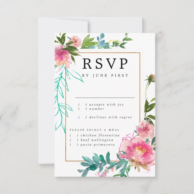 Elegante Chic Gold Pink Floral Wedding RSVP Karte (Vorderseite)
