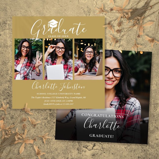 Elegante Chic Gold Script 4 Foto Graduation Party Einladung (Elegant Chic Gold Script 4 Photo Graduation Party Invitation)