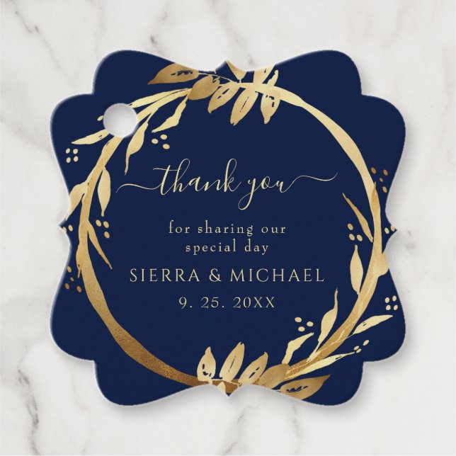 Elegante Chic Golden Foliage Navy Blue Wedding Geschenkanhänger (Vorderseite)