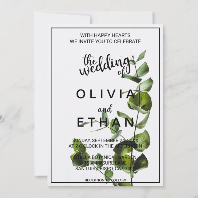 Elegante Chic Green Blätter White Floral Wedding Einladung (Vorderseite)