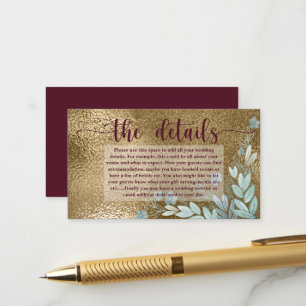 Elegante Chic Imitats Gold Leaf und Burgund Detail Begleitkarte