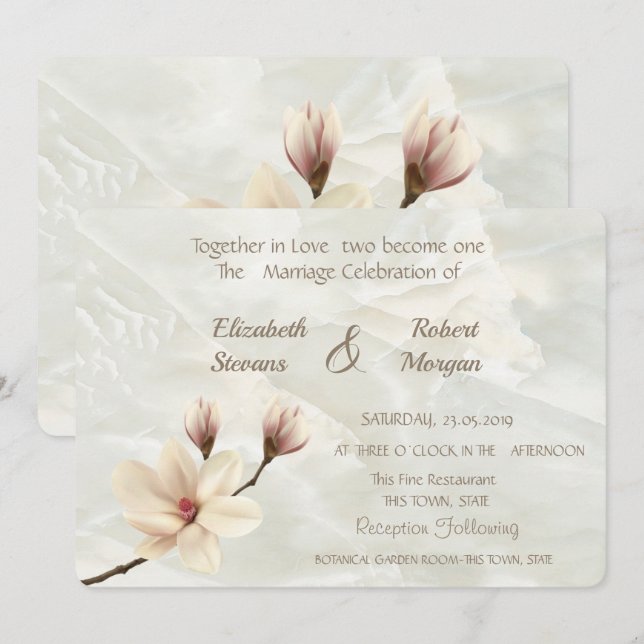 Elegante Chic Magnolia, Marmorhochzeit Einladung (Vorne/Hinten)