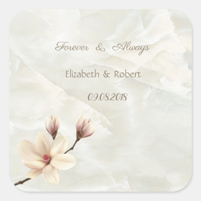 Elegante Chic Magnolia, Marmorhochzeit Quadratischer Aufkleber (Vorderseite)