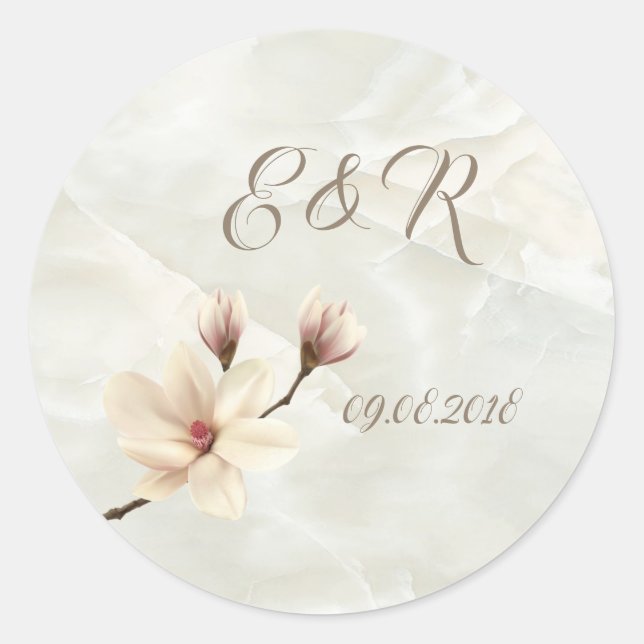 Elegante Chic Magnolia, Marmorhochzeit Runder Aufkleber (Vorderseite)