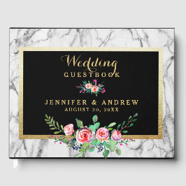 Elegante Chic Marble Black Gold Pink Floral Weddin Gästebuch