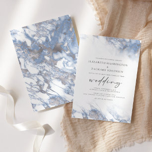 Elegante Chic-Marmor-Staubblau-Silber-Hochzeit Einladung