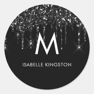 Elegante Chic Monogram Black Glitzer Tropfen Runder Aufkleber