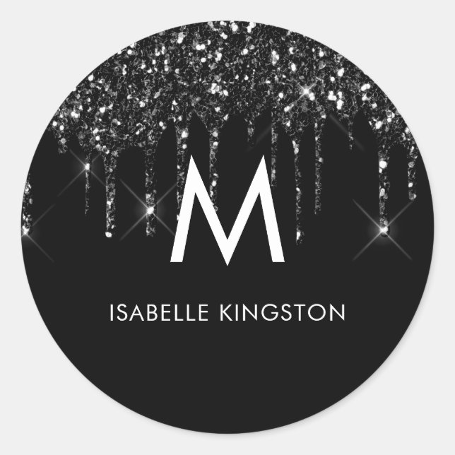 Elegante Chic Monogram Black Glitzer Tropfen Runder Aufkleber (Vorderseite)