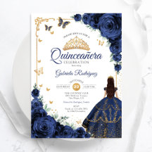 Elegante Chic Navy Roses Floral Gold Quinceanera