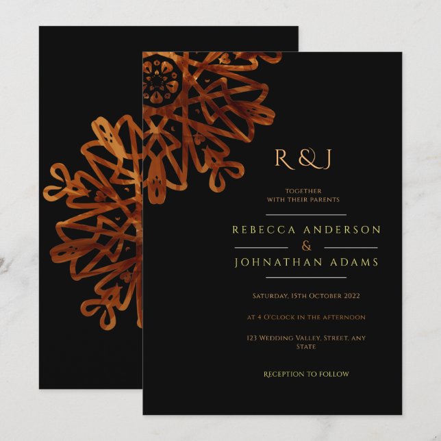 Elegante Chic Ornamental Black and Gold Wedding Einladung (Vorne/Hinten)