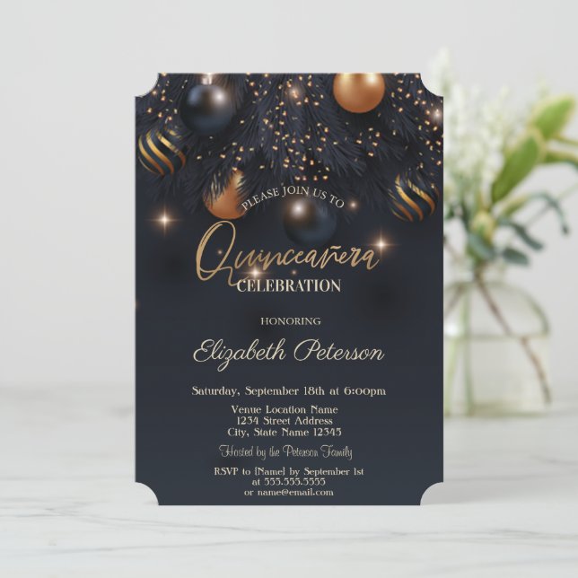 Elegante Chic Ornaments Quinceñera Einladung (Stehend Vorderseite)