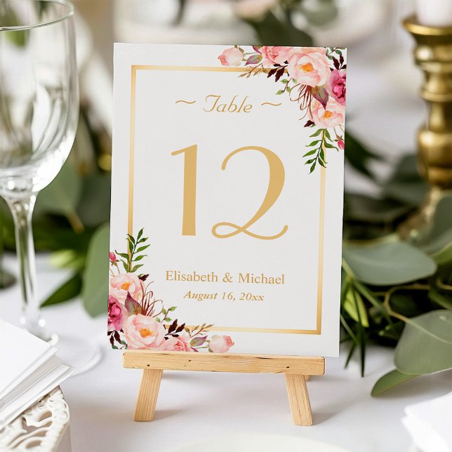 Elegante Chic Pink Floral Gold Hochzeit Tischnumme Tischnummer (Von Creator hochgeladen)