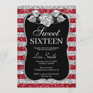 Elegante Chic Red Silver Glitzer Rose Sweet 16 Einladung