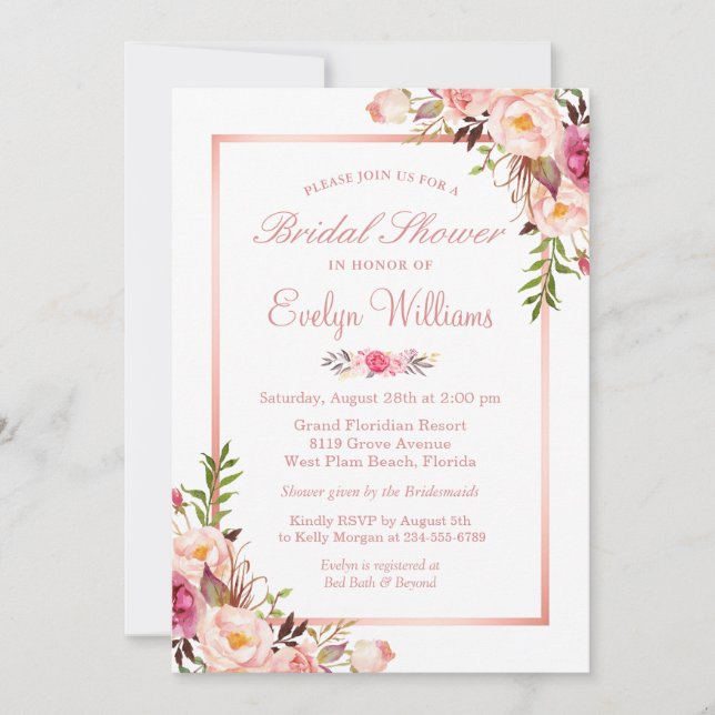 Elegante Chic Rose Gold Floral Brautparty Einladung (Vorderseite)