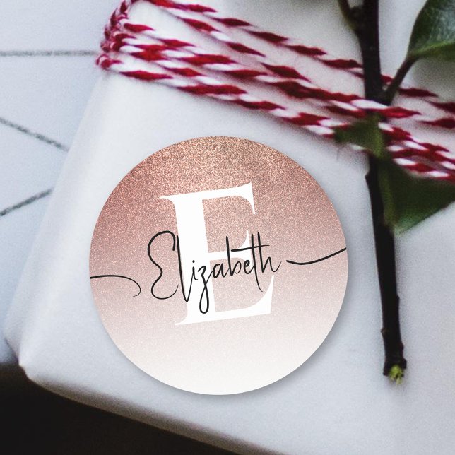Elegante Chic Rose Gold Glitzer Mit Monogramm Runder Aufkleber (Von Creator hochgeladen)