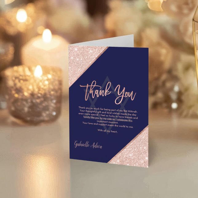 Elegante Chic Rose Gold Navy Blue Bat Mitzvah Dankeskarte (Elegant Chic Rose Gold Navy Blue Bat Mitzvah Thank You Card)