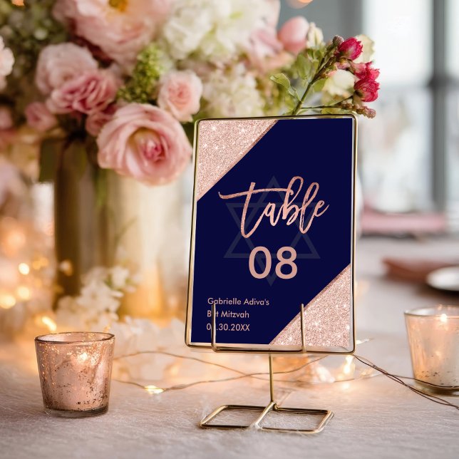 Elegante Chic Rose Gold Navy Blue Bat Mitzvah Tischnummer (Elegant Chic Rose Gold Navy Blue Bat Mitzvah Table Number)