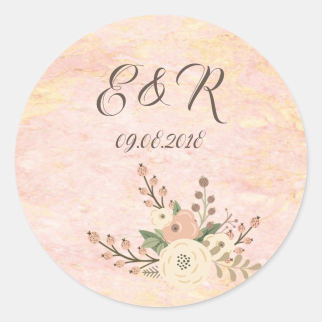 Elegante Chic Rose Marble Floral Wedding Runder Aufkleber (Vorderseite)
