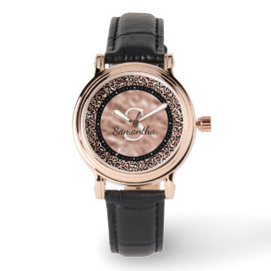 Elegante Chic Roségold-Leopardenprint-Namensmonogr Armbanduhr