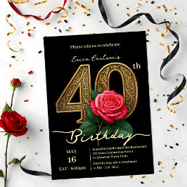 Elegante Chic Rote Rose & Gold Nummer 40. Geburtst Einladung