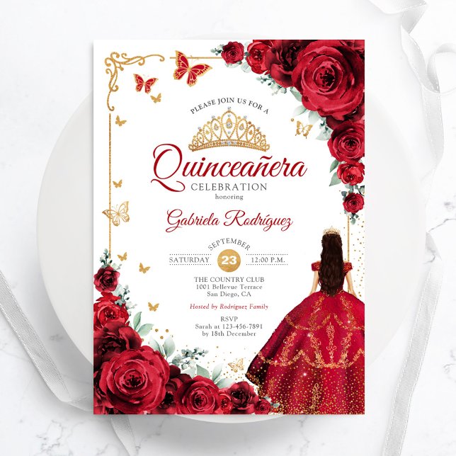 Elegante Chic Rote Rosen Gold Quinceanera Einladung (Von Creator hochgeladen)