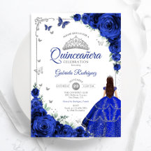 Elegante Chic Royal Blue Silver Floral Quinceanera