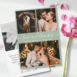 Elegante Chic Sage Green 3 Foto Collage Wedding Dankeskarte<br><div class="desc">Moderne, elegante "Liebe und Dank" Script Sage Green Wedding 3 Foto Collage Danke Karte. Stilvolle, schicke Hochzeitsvorlage mit drei (3) Foto auf der Vorderseite und einem (1) Foto auf der Rückseite. Mit dem Text "Liebe und Dank"-Skript in einer Wirblen kursiven Hand gezeichnet Typografie Swash-Schwanz-Schriftart in Weiß auf sage grün oder...</div>