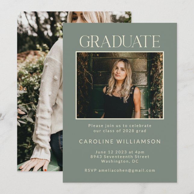 Elegante Chic Sage Green Two Foto Graduation Party Einladung (Vorne/Hinten)