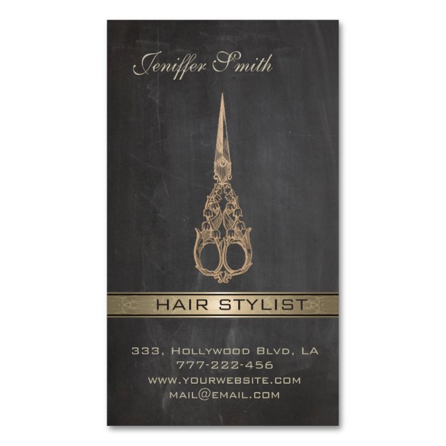 Elegante Chic-Schere Chalkboard-Haarstylistin Magnetische Visitenkarte (Vorderseite Vertikal)