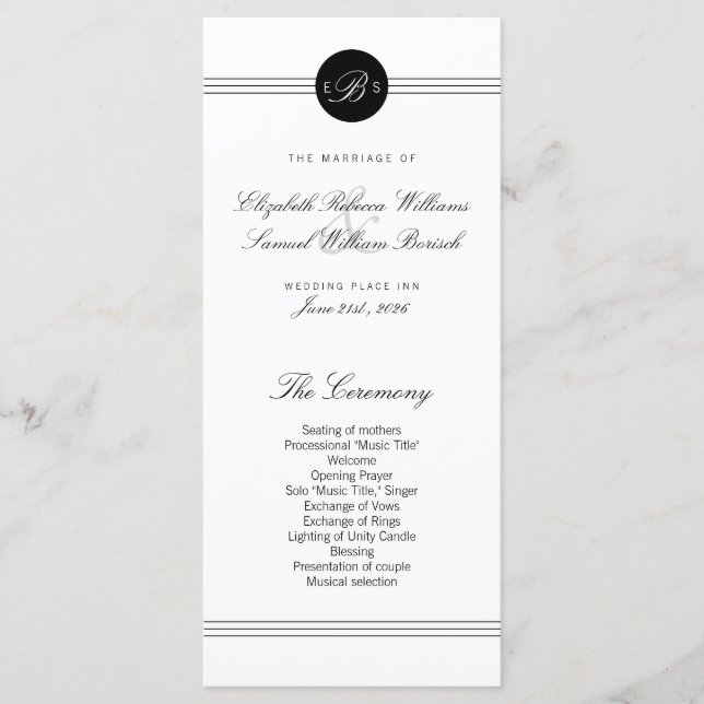 Elegante Chic Schwarz-weiß Monogram Wedding Progra Programm (Vorderseite)
