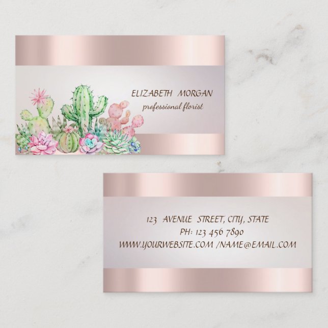 Elegante Chic Stripe Cactus Succulents Rose Gold Visitenkarte (Vorne/Hinten)