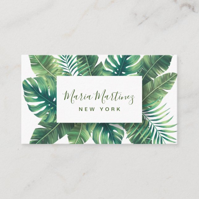 Elegante Chic Tropical Green Blätter Visitenkarte (Vorderseite)