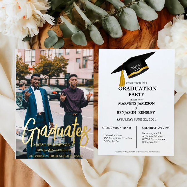 Elegante Chic Twin Double Graduation Party Folieneinladung (Von Creator hochgeladen)