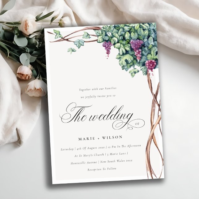 Elegante Chic Watercolor Grapevine Hochzeit Dankeskarte (Von Creator hochgeladen)