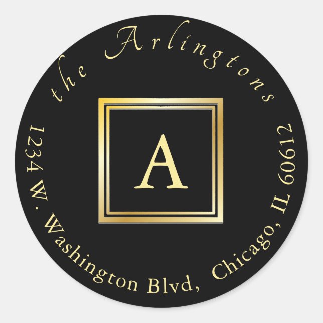 Elegante Chic Wedding Gold Monogram Rücksendeadres Runder Aufkleber (Vorderseite)