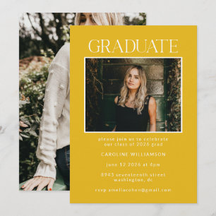 Elegante Chic Yellow Two Foto Graduation Party Einladung