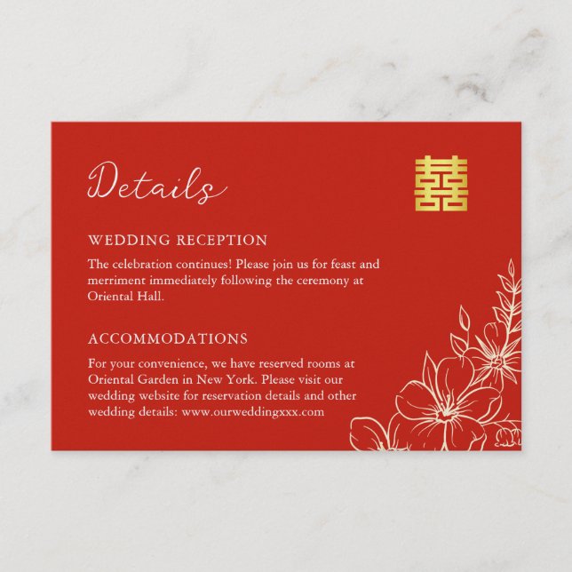 Elegante chinesische Hochzeitsskripte Rote Details Begleitkarte (Vorderseite)