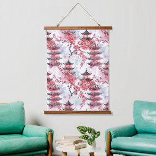 Elegante chinesische Pagoden-Kirschblüte Wandteppich Mit Holzrahmen