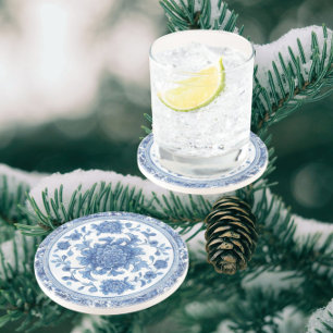 Elegante Chinoiserie Blau-Weiß-Blumenmuster  Getränkeuntersetzer