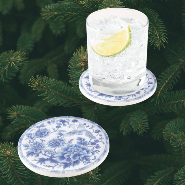 Elegante Chinoiserie Blau-Weiße Sandstein-Unterset Getränkeuntersetzer (Elegant blue and white chinoiserie coasters)