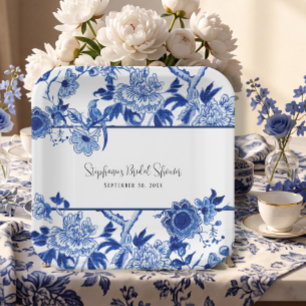 Elegante Chinoiserie Floral Blaue und Weiße Hochze Pappteller
