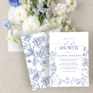 Elegante Chinoiserie Floral Blue Baby Shower Einladung