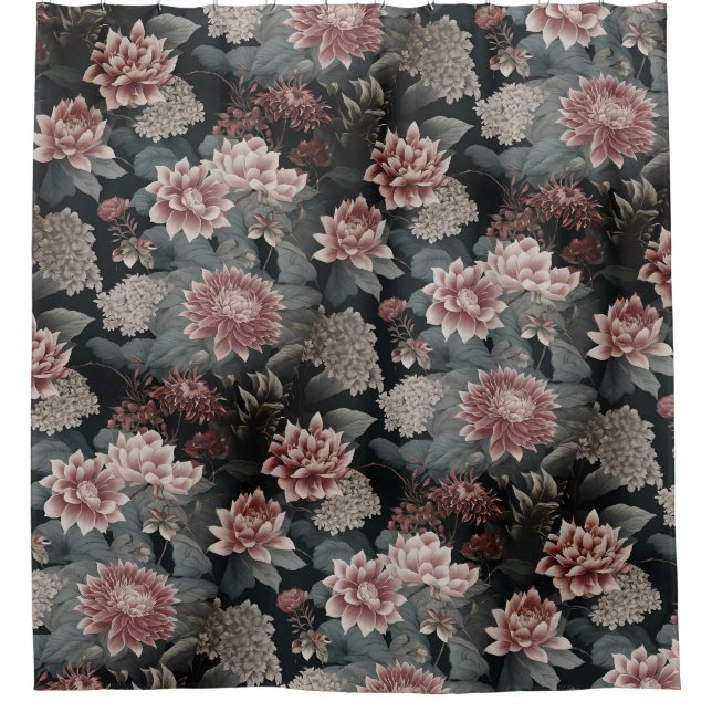 Elegante Chinoiserie Gray and Raspberry Florals Duschvorhang (Vorderseite)