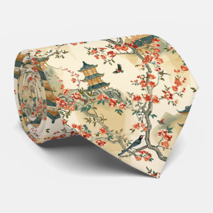 Elegante Chinoiserie - Pagoden, Blüten und Vögel Krawatte