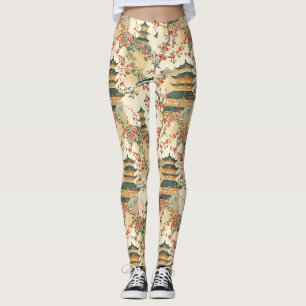 Elegante Chinoiserie - Pagoden, Blüten und Vögel Leggings