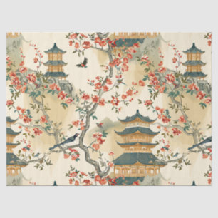 Elegante Chinoiserie - Pagoden, Blüten und Vögel Seidenpapier