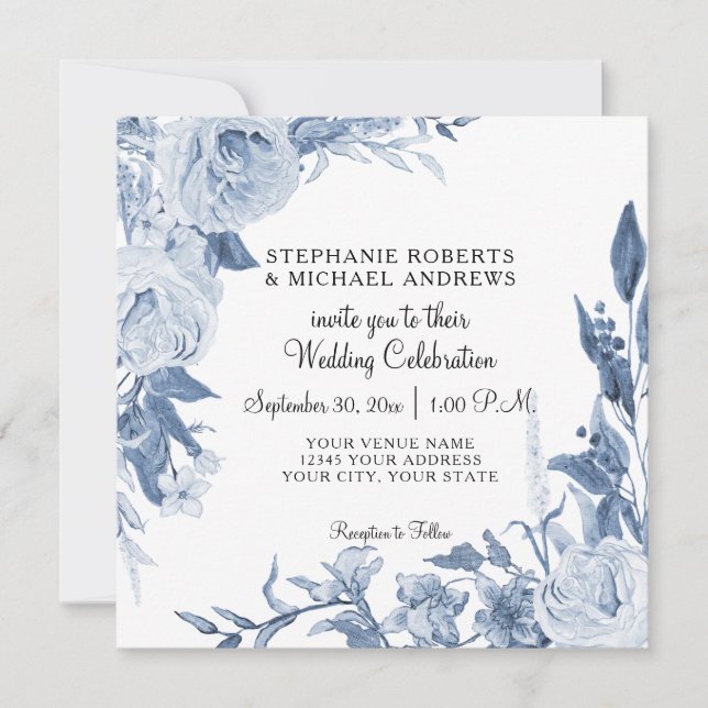 Elegante Chinoiserie Peony Floral Blue Wedding Einladung (Vorderseite)