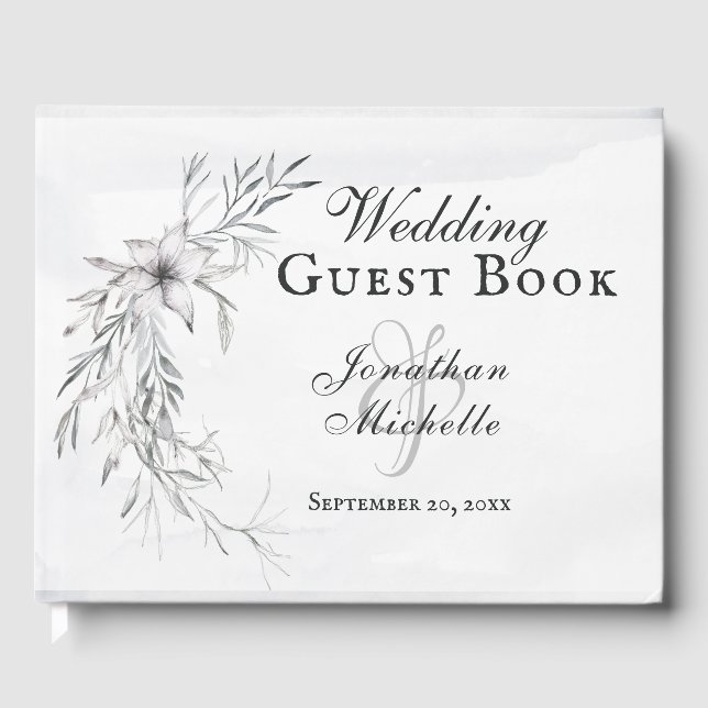Elegante Christliche Hochzeit mit grauer Flora Gästebuch (Vorderseite)